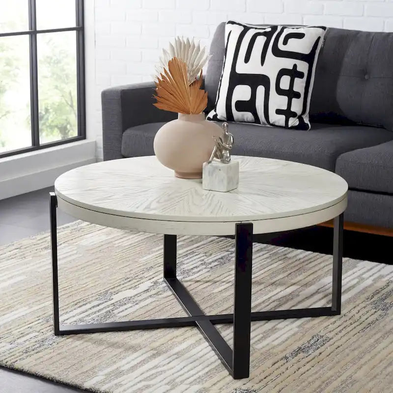 Table basse ronde SAFAVIEH Deetta en marbre blanc/noir - 36 L x 36 P x 18 H - 36Lx36Px18H