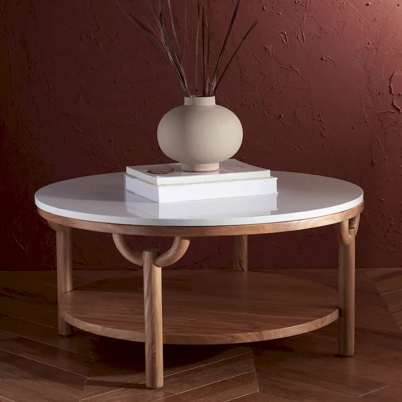 SAFAVIEH Couture Aive Table Basse Ronde à 2 Niveaux avec Plateau en Marbre - 35 po L x 35 po P x 17 po H - 35L x 35P x 17H