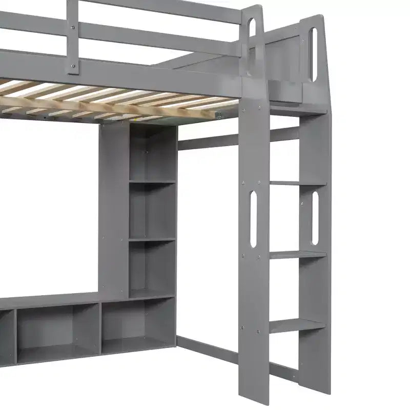 Lit mezzanine gaming Whisen Wood de taille double avec bureau, étagères multi-rangements, LED et une penderie suspendue