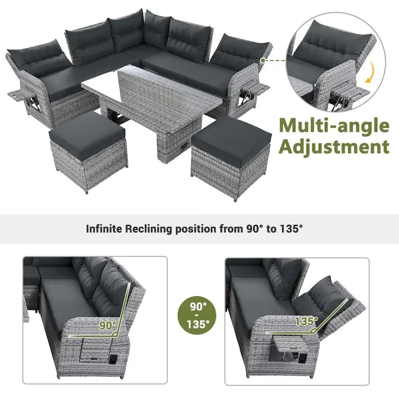 Ensemble de meubles de jardin en rotin avec table réglable, chaises longues et 2 poufs