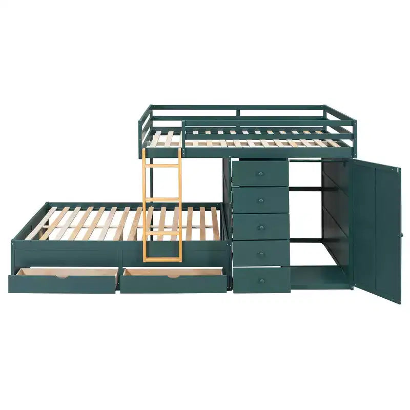 Lit superposé double sur double avec armoire de rangement et tiroirs, lit superposé double en bois peu encombrant avec garde-corps pour appartement, chambre à coucher