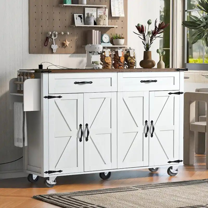 Ilot de cuisine de style campagnard avec prises électriques et abattants