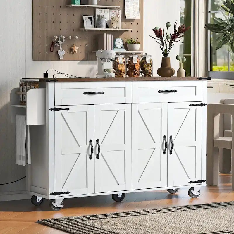 Ilot de cuisine de style campagnard avec prises électriques et abattants