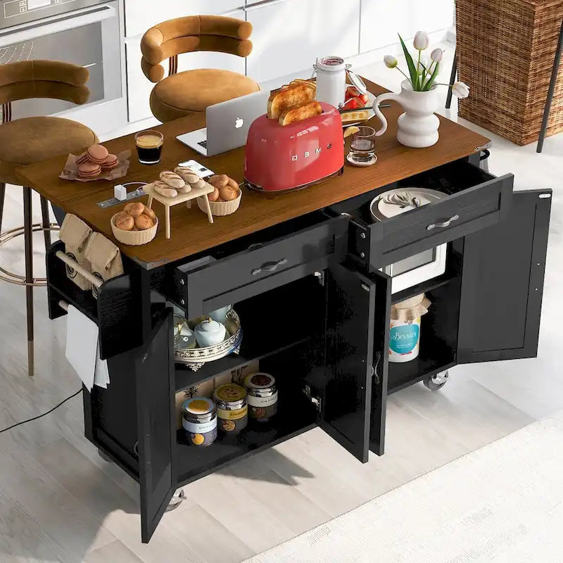 Ilot de cuisine de style campagnard avec prises électriques et abattants
