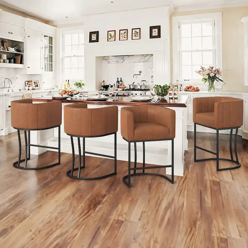 LUE BONA Tabouret de bar moderne 66 cm avec dossier bas, hauteur de comptoir, ensemble de 4 tabourets de bar en forme de tonneau avec structure en métal
