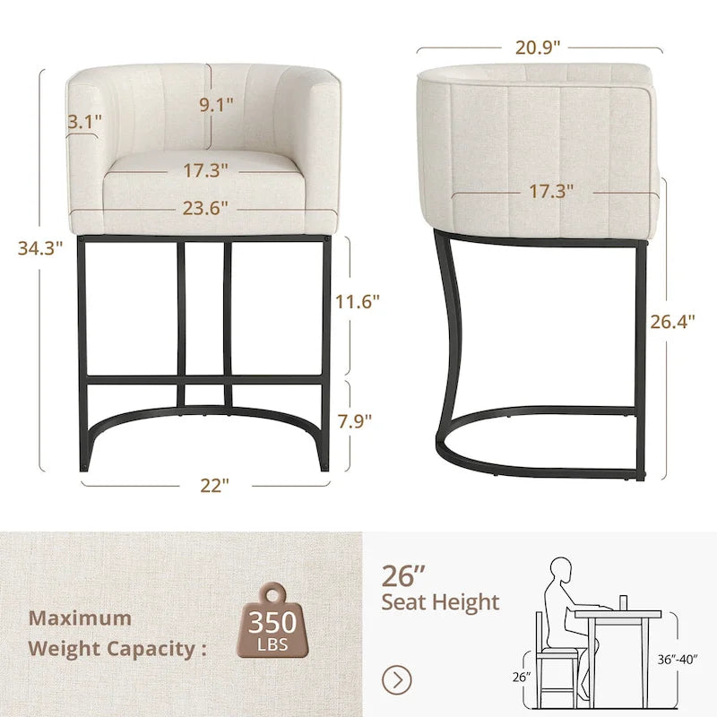 LUE BONA Tabouret de bar moderne 66 cm avec dossier bas, hauteur de comptoir, ensemble de 4 tabourets de bar en forme de tonneau avec structure en métal