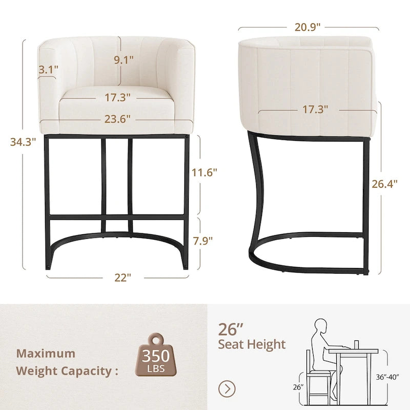 LUE BONA Tabouret de bar moderne 66 cm avec dossier bas, hauteur de comptoir, ensemble de 4 tabourets de bar en forme de tonneau avec structure en métal