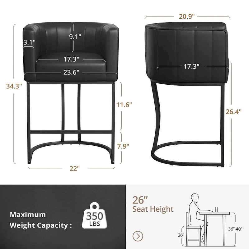 LUE BONA Tabouret de bar moderne 66 cm avec dossier bas, hauteur de comptoir, ensemble de 4 tabourets de bar en forme de tonneau avec structure en métal