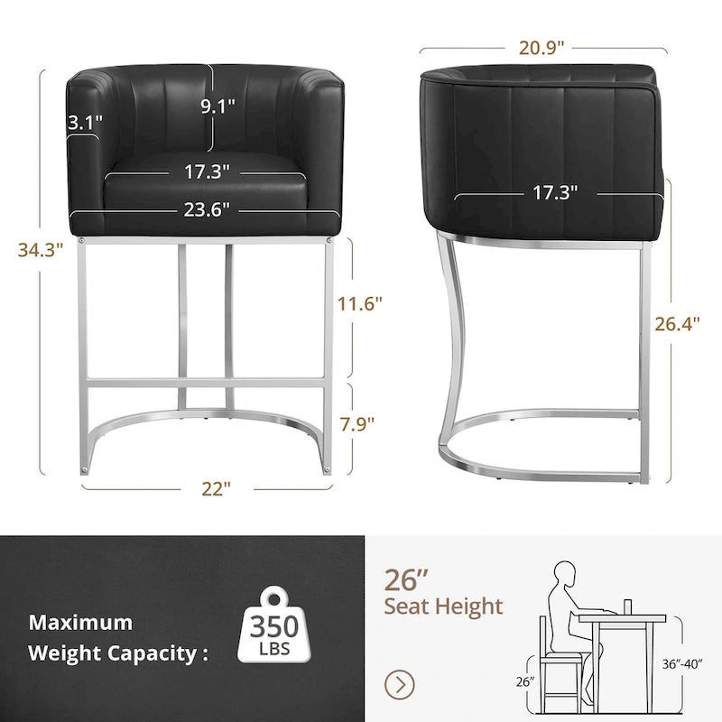 LUE BONA Tabouret de bar moderne 66 cm avec dossier bas, hauteur de comptoir, ensemble de 4 tabourets de bar en forme de tonneau avec structure en métal