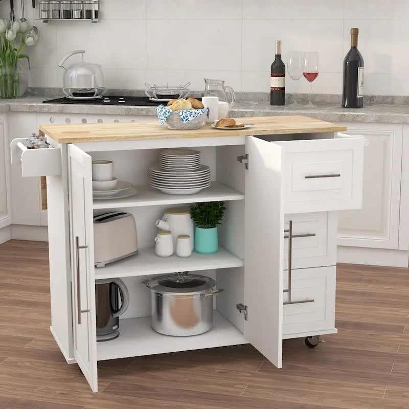 Îlot de cuisine avec étagère à épices et plateau en bois massif extensible