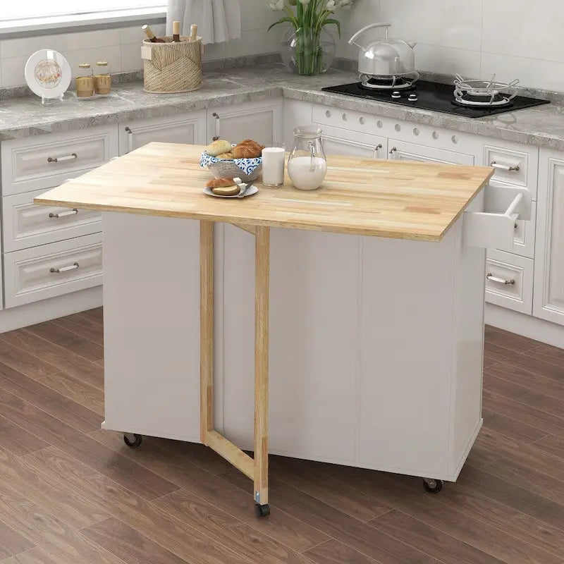Îlot de cuisine avec étagère à épices et plateau en bois massif extensible