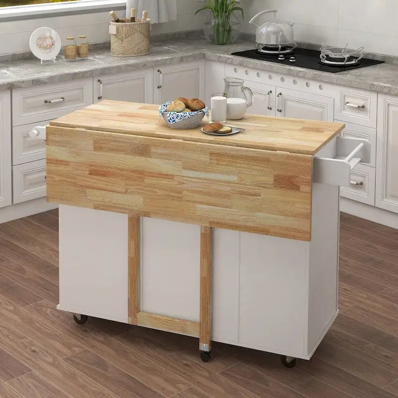 Îlot de cuisine avec étagère à épices et plateau en bois massif extensible