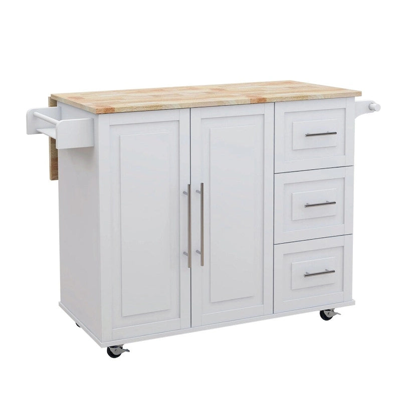 Îlot de cuisine avec étagère à épices et plateau en bois massif extensible