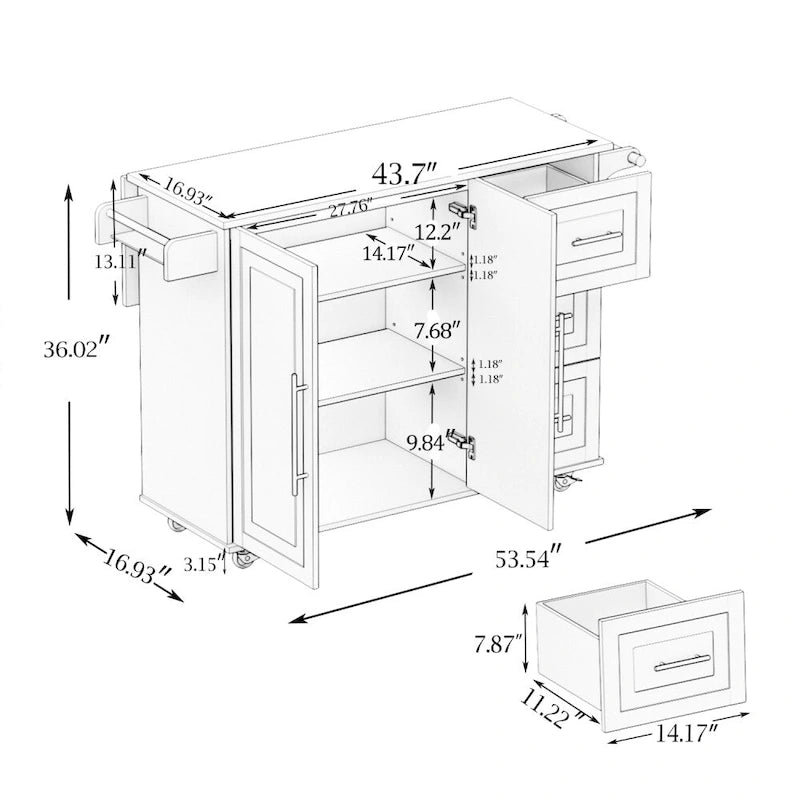 Îlot de cuisine avec étagère à épices et plateau en bois massif extensible