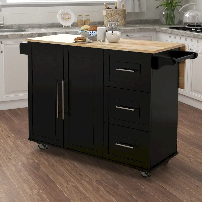 Îlot de cuisine avec étagère à épices et plateau en bois massif extensible