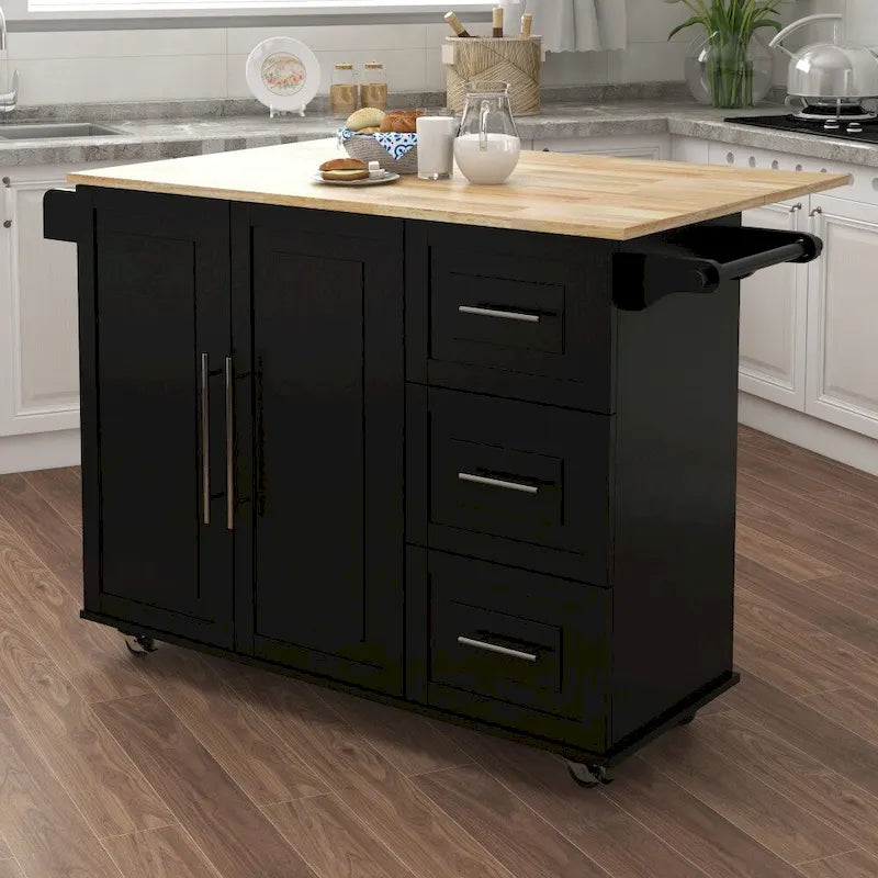 Îlot de cuisine avec étagère à épices et plateau en bois massif extensible