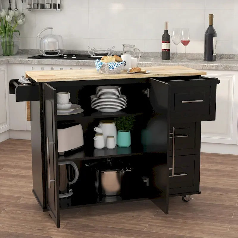 Îlot de cuisine avec étagère à épices et plateau en bois massif extensible