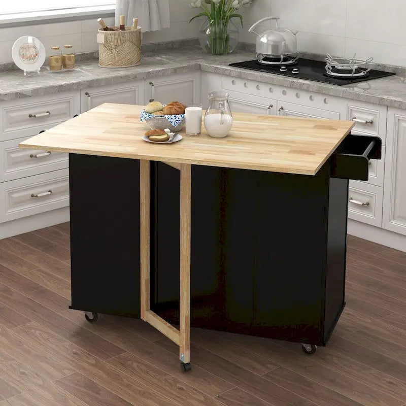 Îlot de cuisine avec étagère à épices et plateau en bois massif extensible