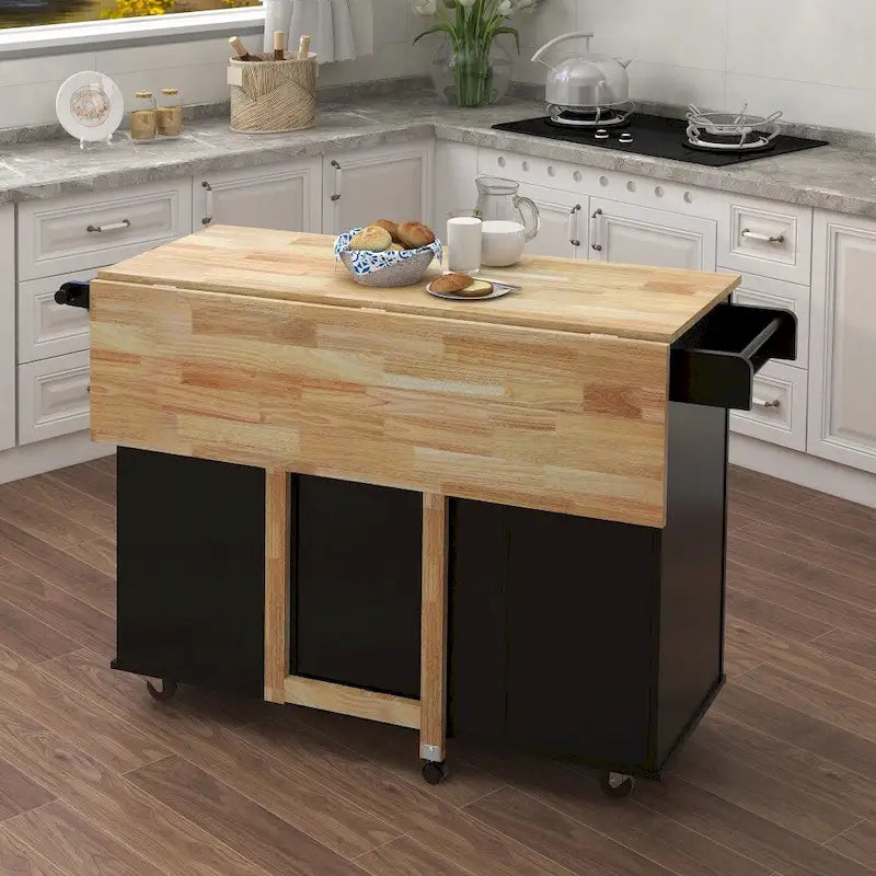 Îlot de cuisine avec étagère à épices et plateau en bois massif extensible