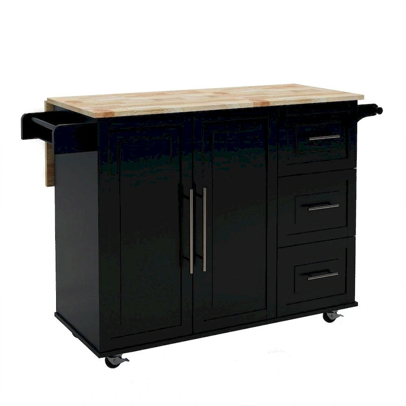 Îlot de cuisine avec étagère à épices et plateau en bois massif extensible