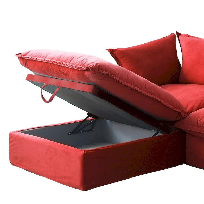 Canapé d'angle modulable en velours "Cloud" avec plumes et duvet, convertible et très large.