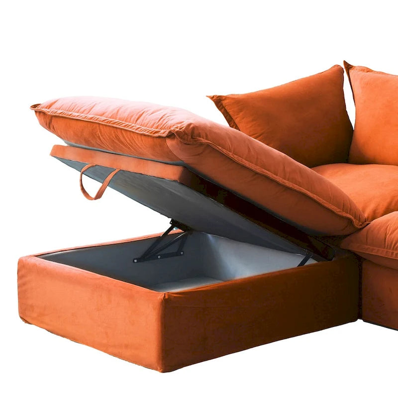 Canapé d'angle modulable en velours "Cloud" avec plumes et duvet, convertible et très large.