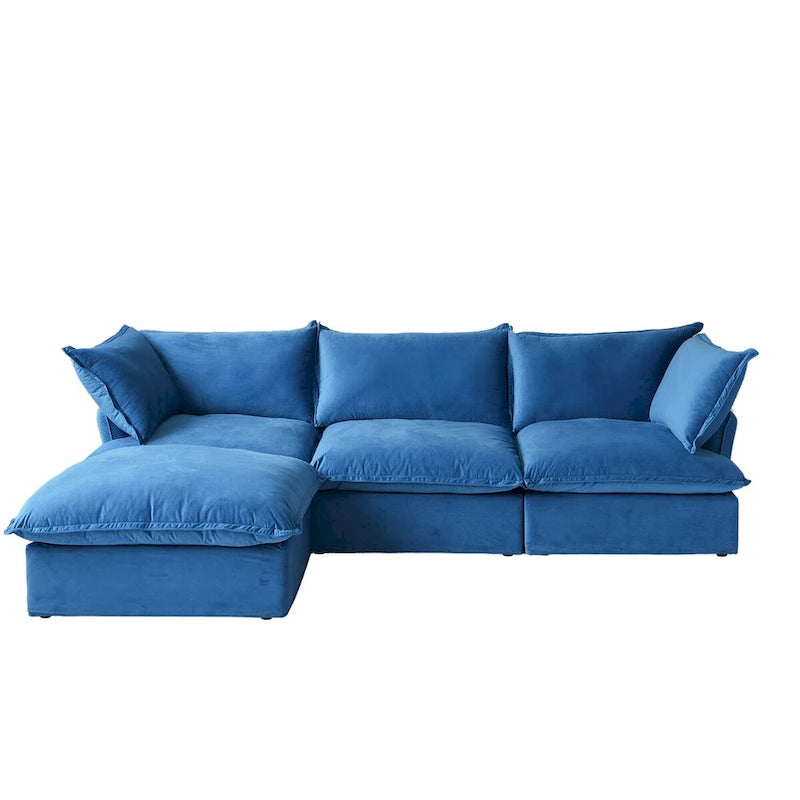 Canapé d'angle modulable en velours "Cloud" avec plumes et duvet, convertible et très large.