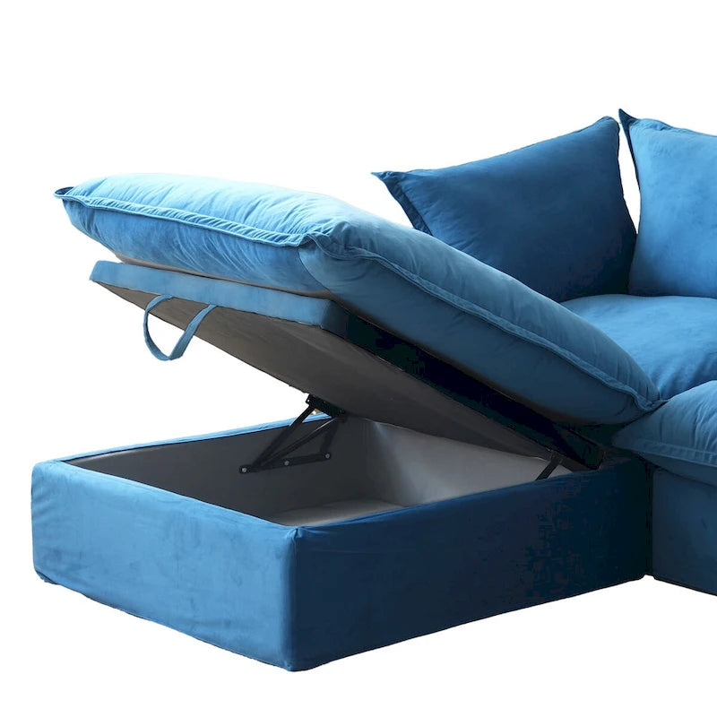 Canapé d'angle modulable en velours "Cloud" avec plumes et duvet, convertible et très large.