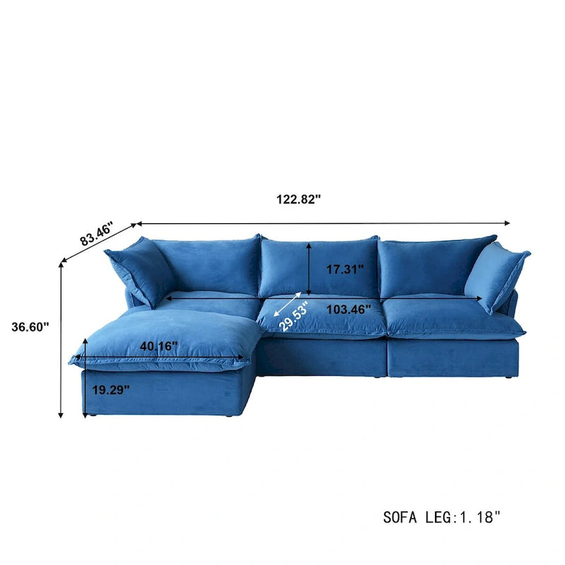 Canapé d'angle modulable en velours "Cloud" avec plumes et duvet, convertible et très large.