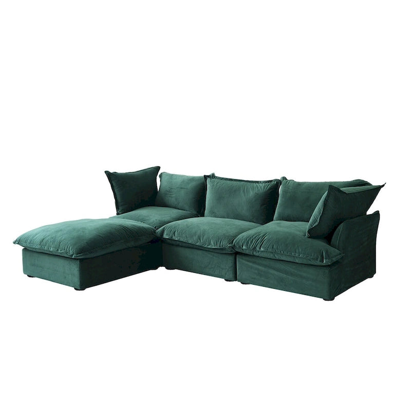Canapé d'angle modulable en velours "Cloud" avec plumes et duvet, convertible et très large.