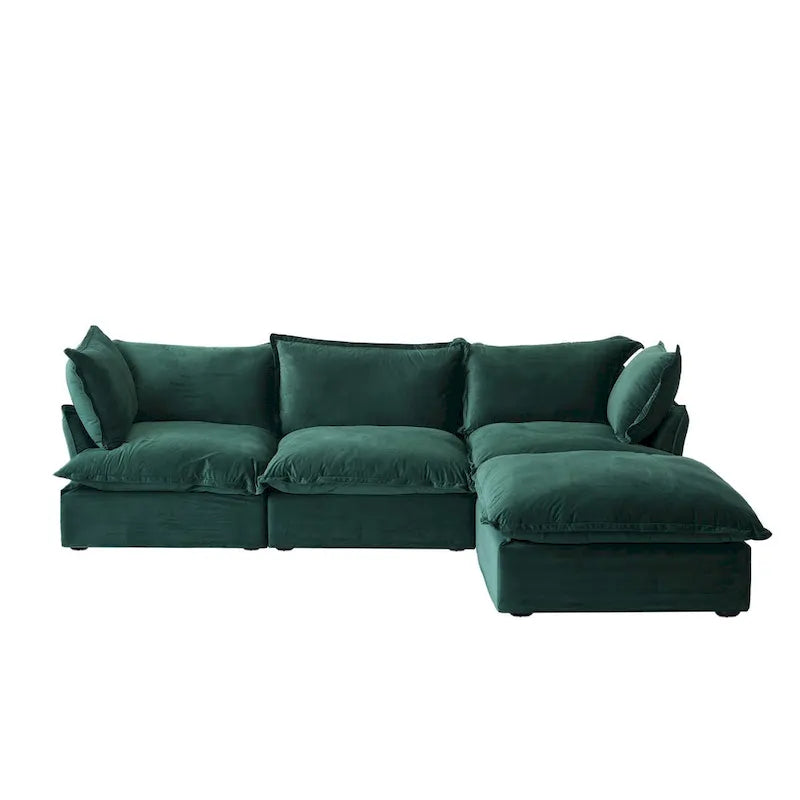 Canapé d'angle modulable en velours "Cloud" avec plumes et duvet, convertible et très large.