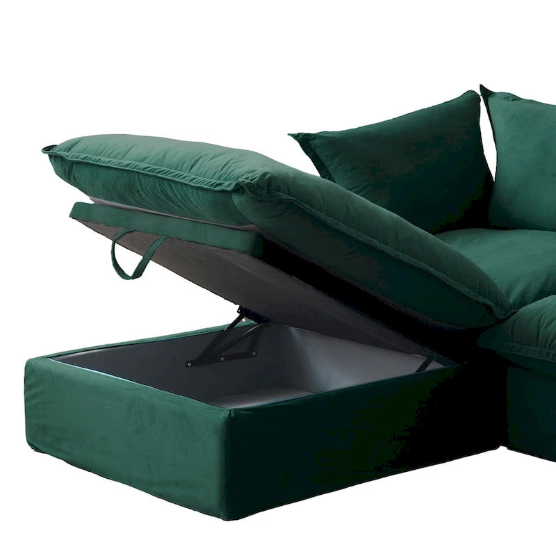 Canapé d'angle modulable en velours "Cloud" avec plumes et duvet, convertible et très large.