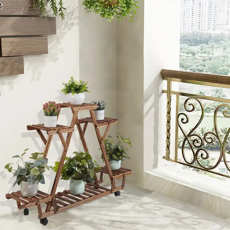Étagère à plantes d'extérieur mobile en bois à 6 niveaux pour jardin