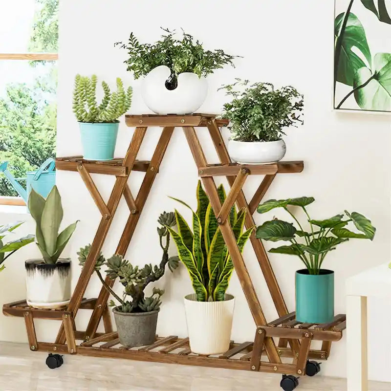 Étagère à plantes d'extérieur mobile en bois à 6 niveaux pour jardin