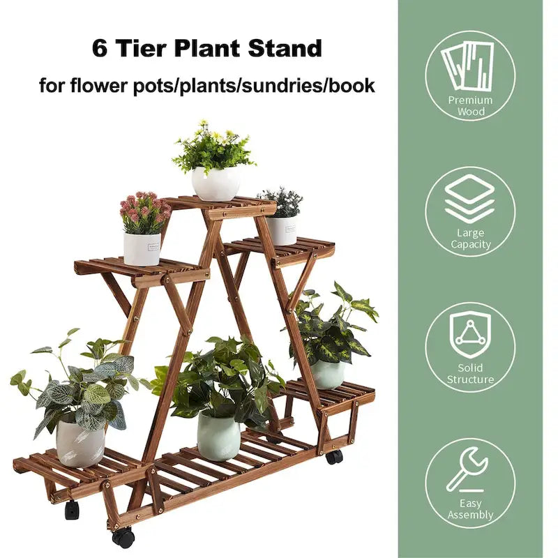 Étagère à plantes d'extérieur mobile en bois à 6 niveaux pour jardin