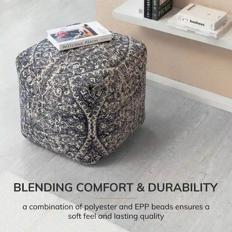 Jani Hanalei Pouf Carré Bleu et Ivoire de 50,8 cm - Repose-Pieds Fait Main pour Salon, Chambre, Crèche, Chambre d'Enfant
