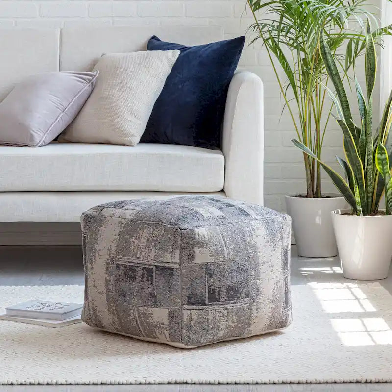 Jani Pouf carré 56 cm gris et ivoire – Repose-pieds fait main pour salon, chambre à coucher