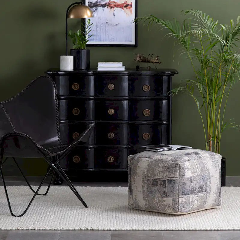 Jani Pouf carré 56 cm gris et ivoire – Repose-pieds fait main pour salon, chambre à coucher