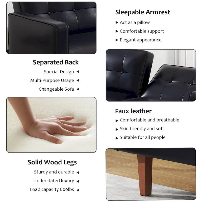 Canapé-Lit Futon, Canapé en Simili Cuir et Mousse à Mémoire de Forme, Causeuse Convertible Moderne pour Petits Espaces de Vie