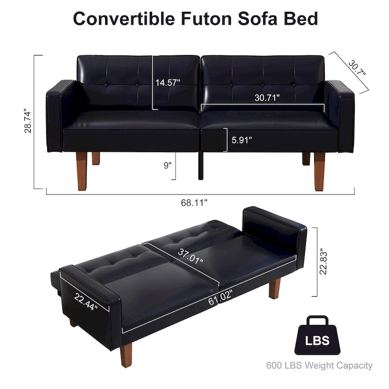Canapé-Lit Futon, Canapé en Simili Cuir et Mousse à Mémoire de Forme, Causeuse Convertible Moderne pour Petits Espaces de Vie