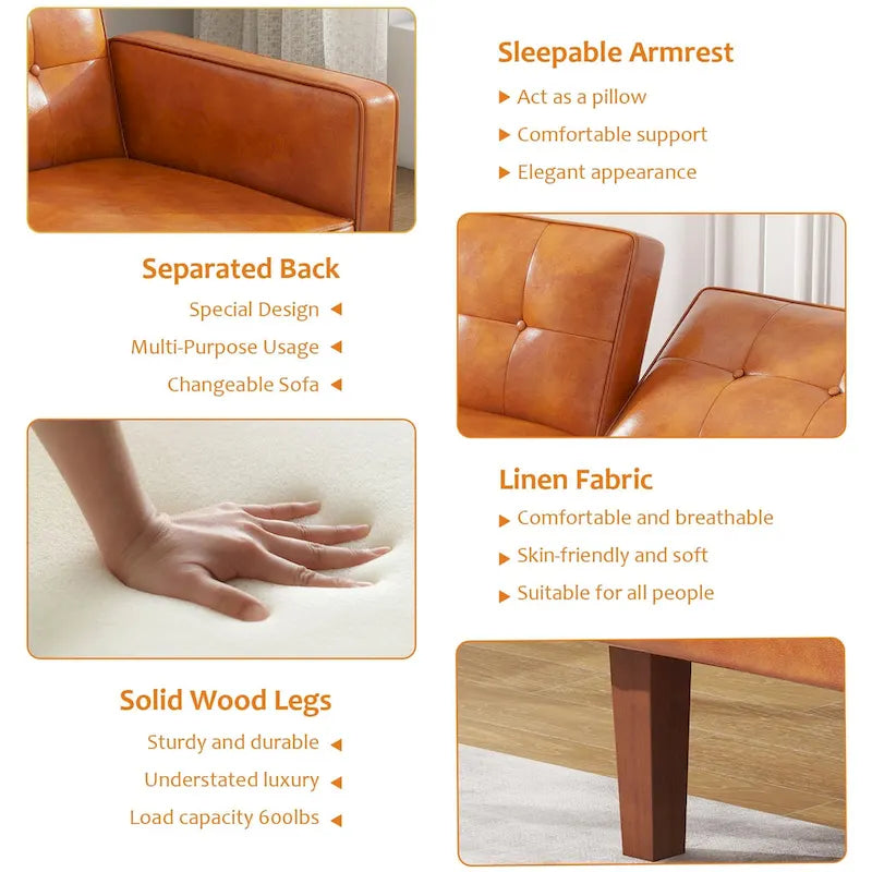 Canapé-Lit Futon, Canapé en Simili Cuir et Mousse à Mémoire de Forme, Causeuse Convertible Moderne pour Petits Espaces de Vie