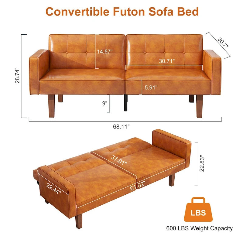 Canapé-Lit Futon, Canapé en Simili Cuir et Mousse à Mémoire de Forme, Causeuse Convertible Moderne pour Petits Espaces de Vie