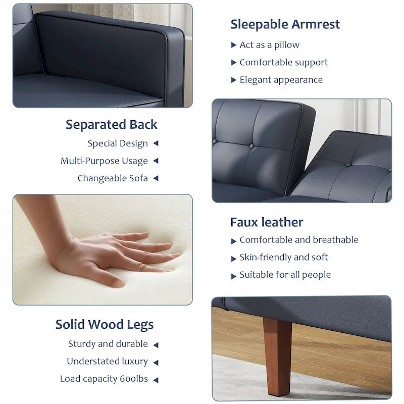 Canapé-Lit Futon, Canapé en Simili Cuir et Mousse à Mémoire de Forme, Causeuse Convertible Moderne pour Petits Espaces de Vie