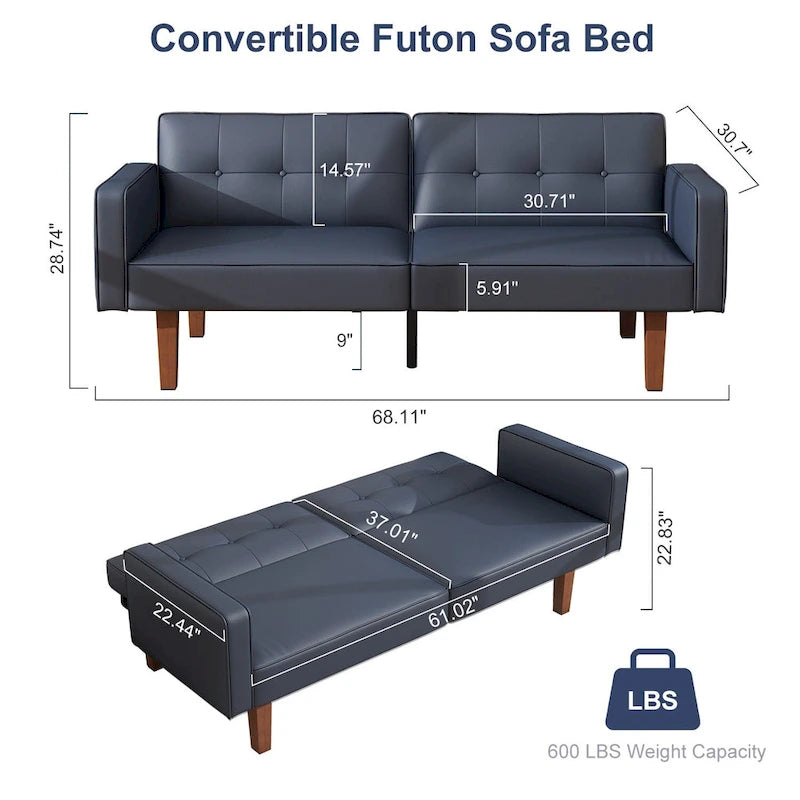 Canapé-Lit Futon, Canapé en Simili Cuir et Mousse à Mémoire de Forme, Causeuse Convertible Moderne pour Petits Espaces de Vie