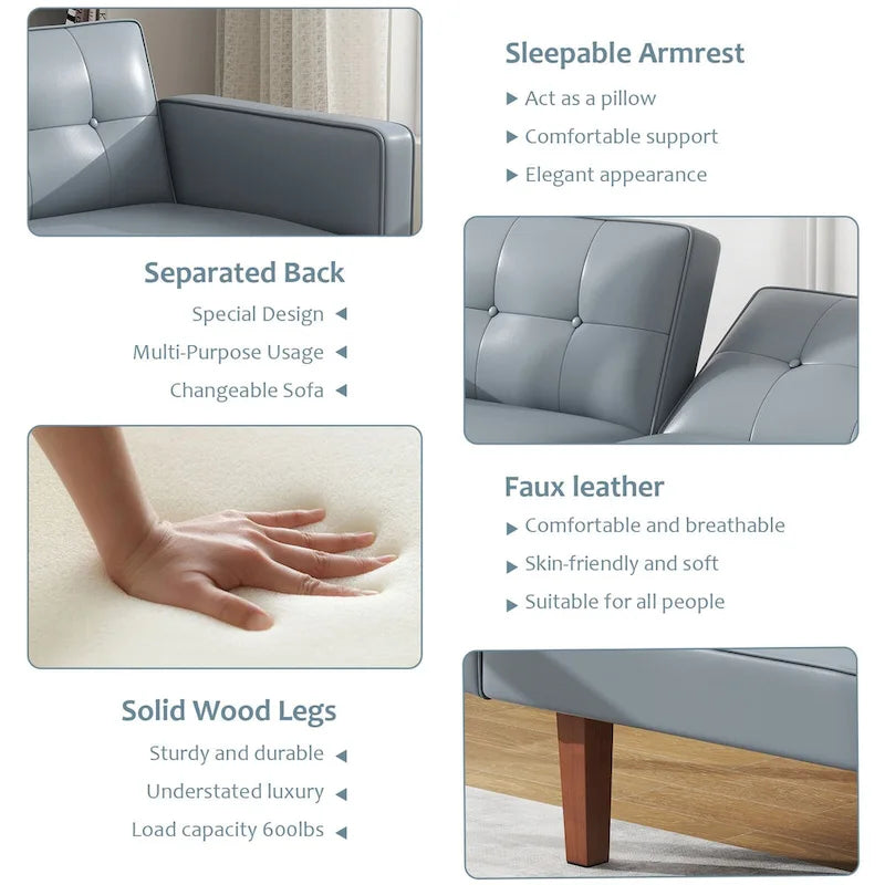 Canapé-Lit Futon, Canapé en Simili Cuir et Mousse à Mémoire de Forme, Causeuse Convertible Moderne pour Petits Espaces de Vie