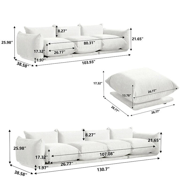 Canapé d'angle modulable moderne en tissu chenille avec 2 poufs pour salon