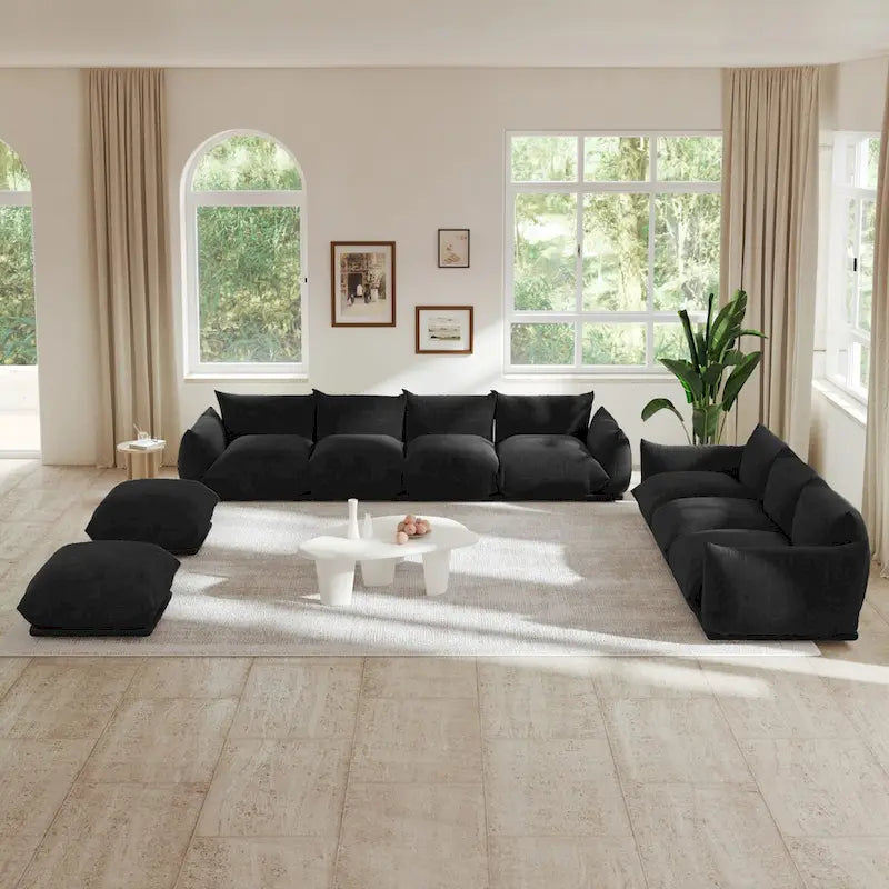 Canapé d'angle modulable moderne en tissu chenille avec 2 poufs pour salon
