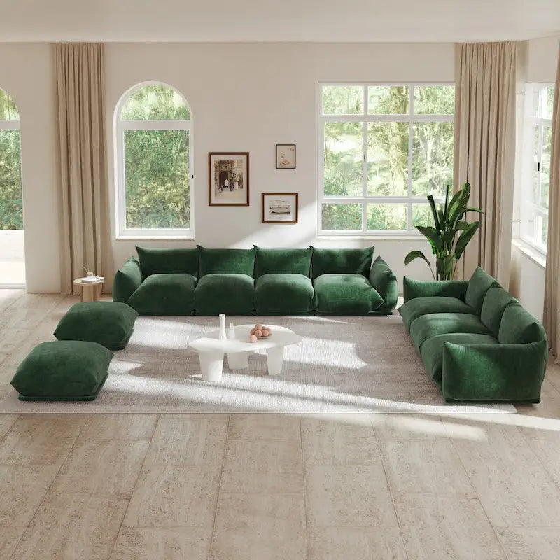 Canapé d'angle modulable moderne en tissu chenille avec 2 poufs pour salon