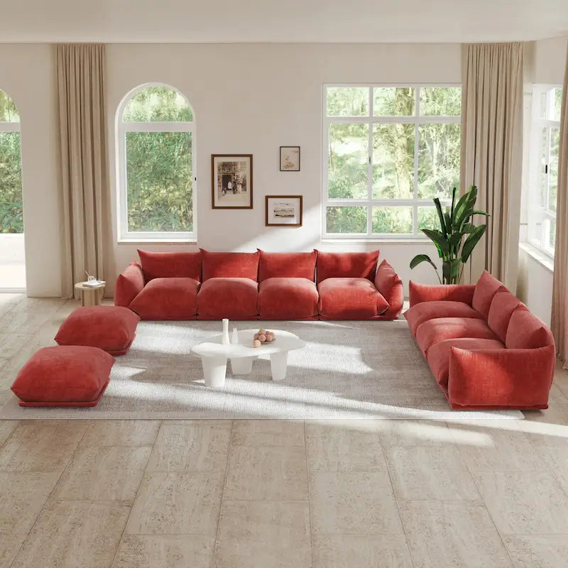 Canapé d'angle modulable moderne en tissu chenille avec 2 poufs pour salon