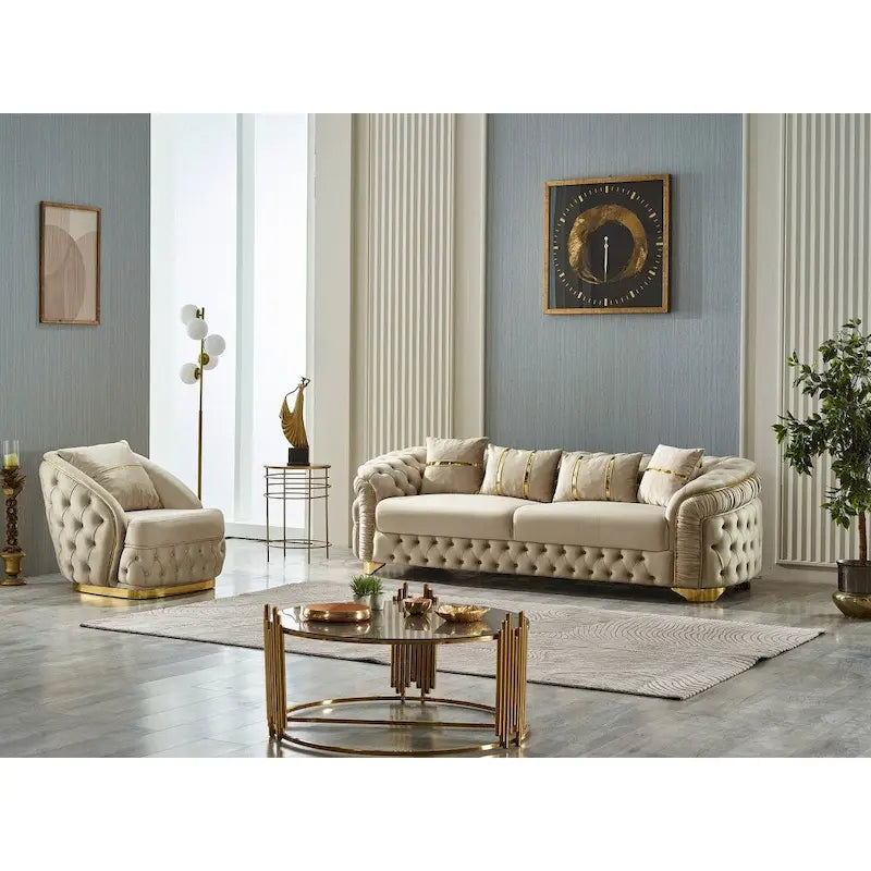 Ensemble de salon Aryanna 3 pièces, 1 canapé et 2 fauteuils, dossier touffeté